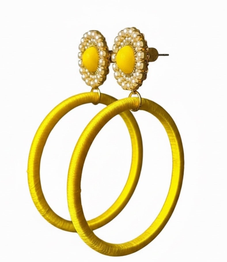 Soleil Muse silk hoop earrings, yellow silk with gold and pearl detail, lightweight statement jewelry by Dana Kelly