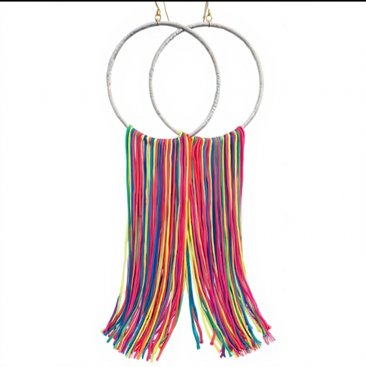 Vivid Muse lightweight fringe earrings, multicolor rainbow silk hoop, handmade statement jewelry by Dana Kelly