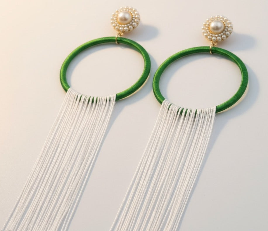 Wild Muse lightweight fringe earrings, green silk hoop with white fringe and pearl detail, handmade by Dana Kelly