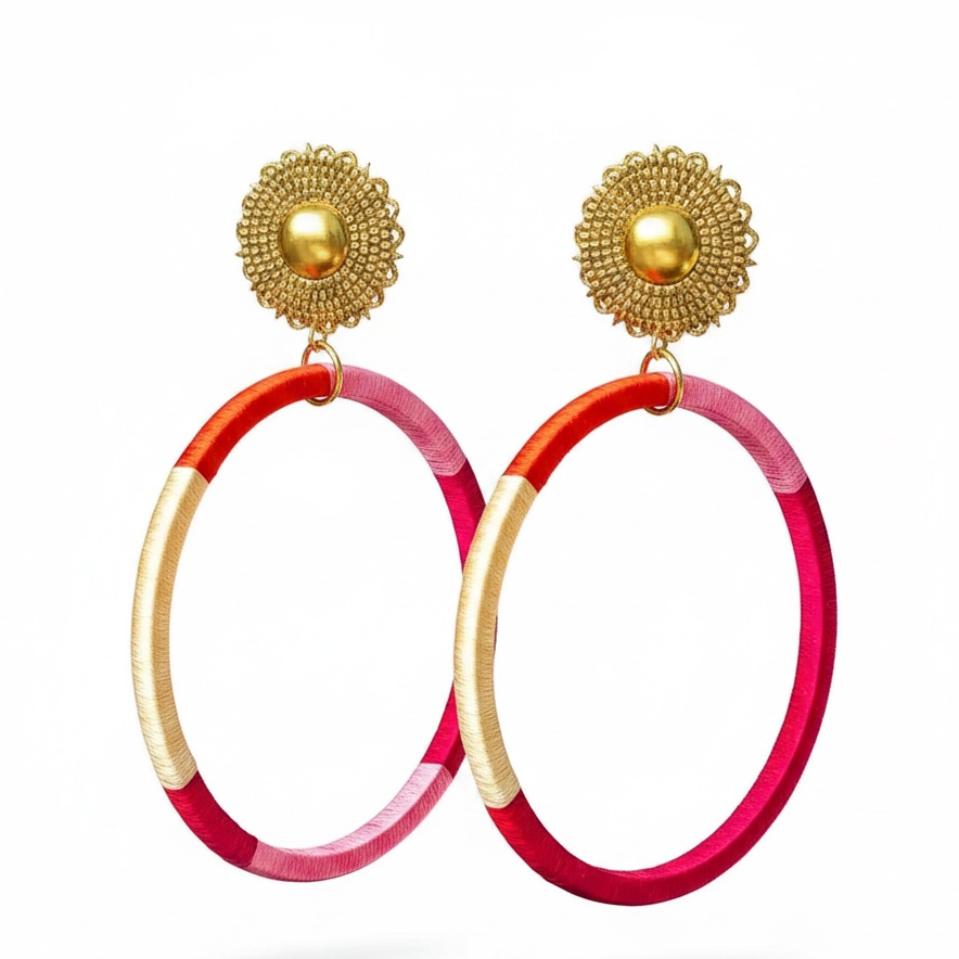 Sunkissed Muse silk hoop earrings, orange pink magenta cream silk, lightweight statement jewelry by Dana Kelly