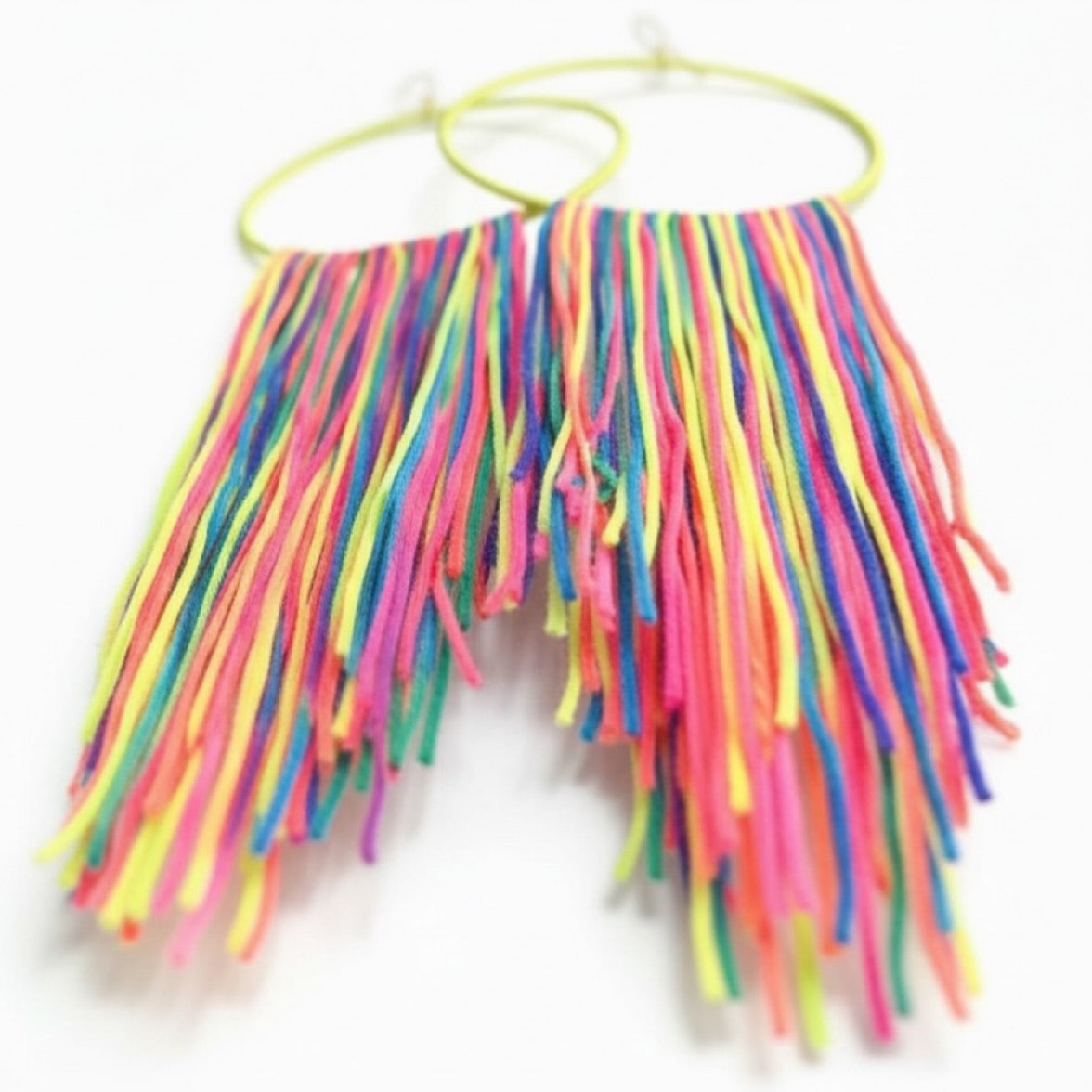 Neon Muse lightweight fringe earrings, neon yellow and green silk hoop, V-shape fringe, handmade by Dana Kelly
