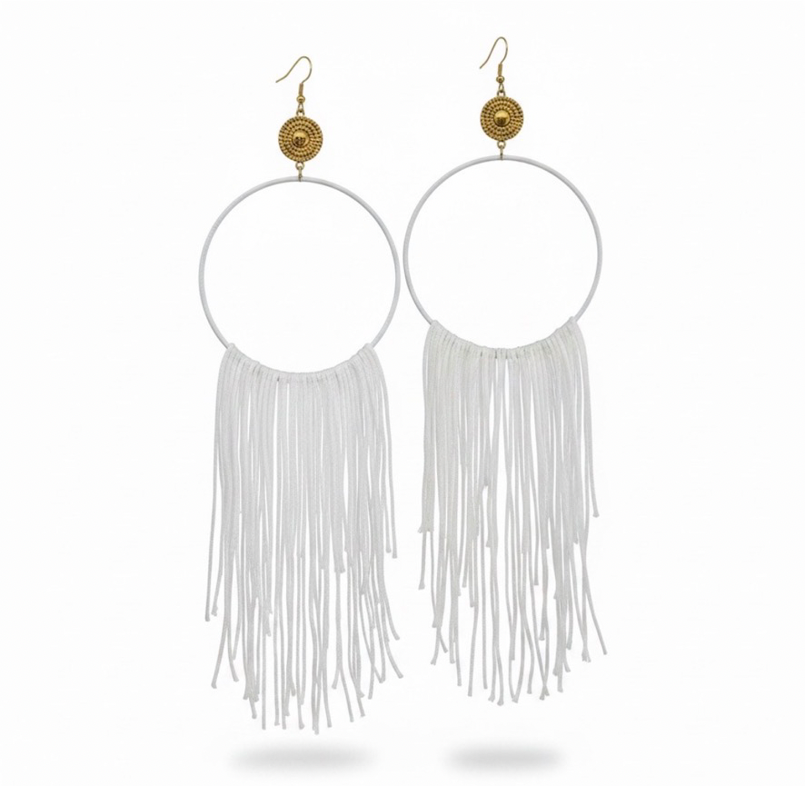 Blanca Muse lightweight fringe earrings, white silk hoop, ultra feminine statement jewelry by Dana Kelly