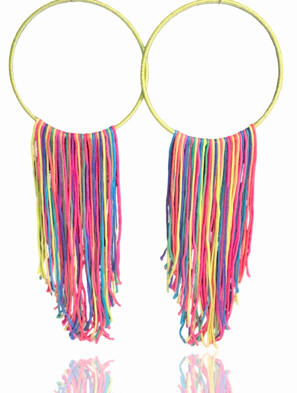 Neon Muse lightweight fringe earrings, neon yellow and green silk hoop, V-shape fringe, handmade by Dana Kelly