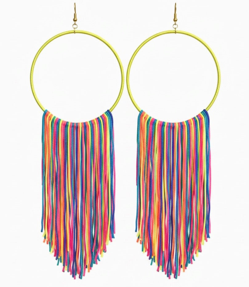 Neon Muse lightweight fringe earrings, neon yellow and green silk hoop, V-shape fringe, handmade by Dana Kelly