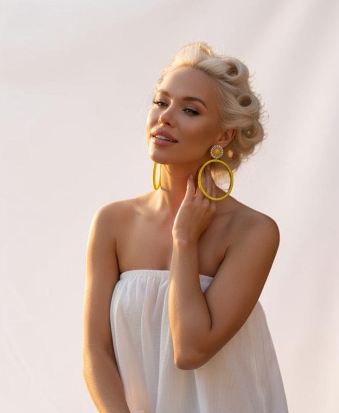 Soleil Muse silk hoop earrings, yellow silk with gold and pearl detail, lightweight statement jewelry by Dana Kelly