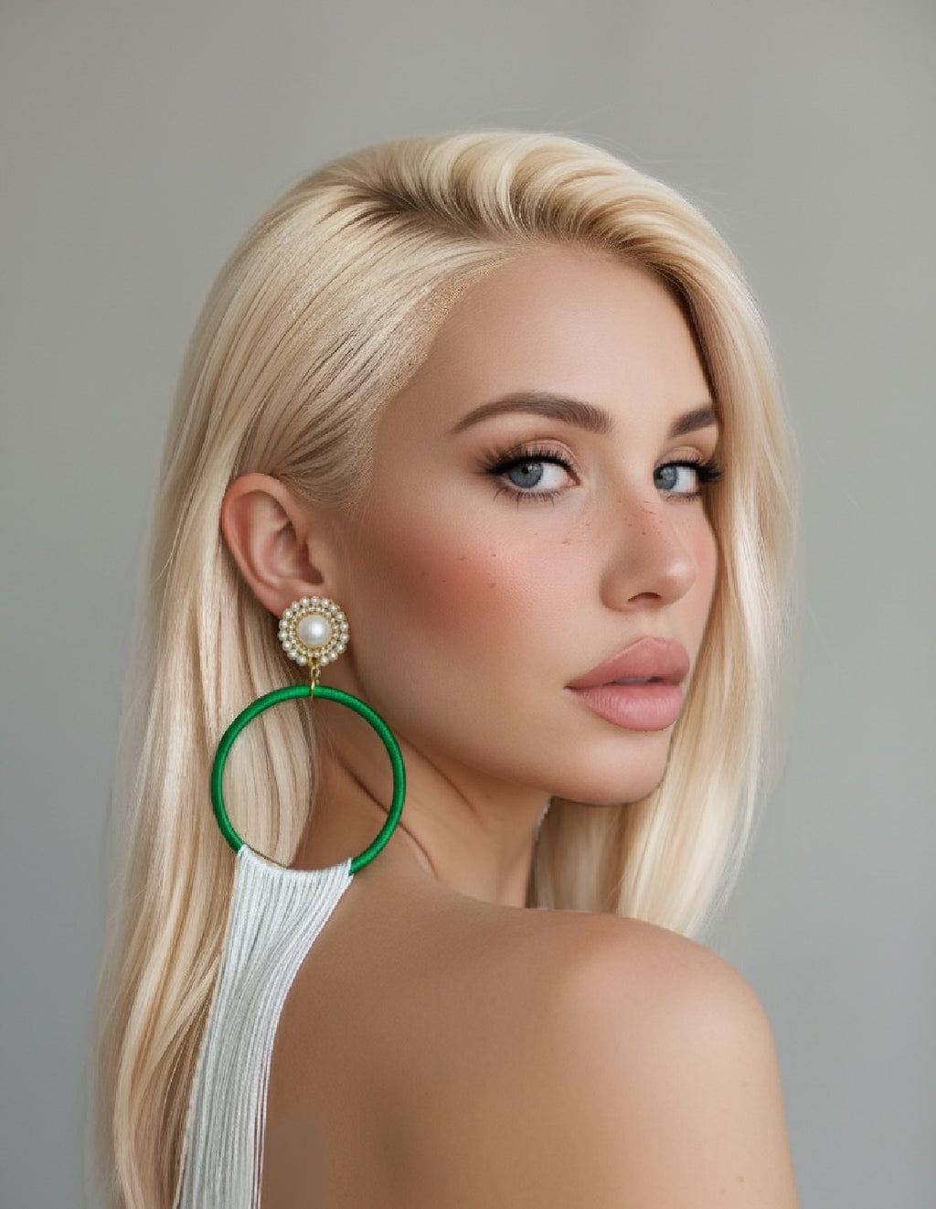 Wild Muse lightweight fringe earrings, green silk hoop with white fringe and pearl detail, handmade by Dana Kelly