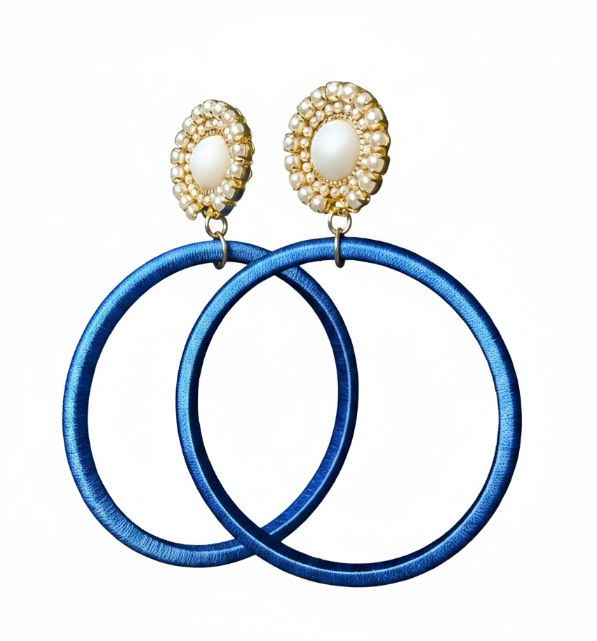 Royal Muse silk hoop earrings, blue silk with gold and pearl detail, lightweight statement jewelry by Dana Kelly