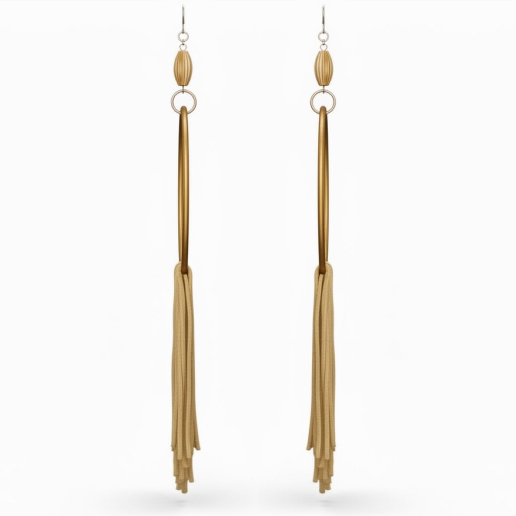 Golden Muse lightweight fringe earrings, gold silk wrapped hoop, handmade statement jewelry by Dana Kelly