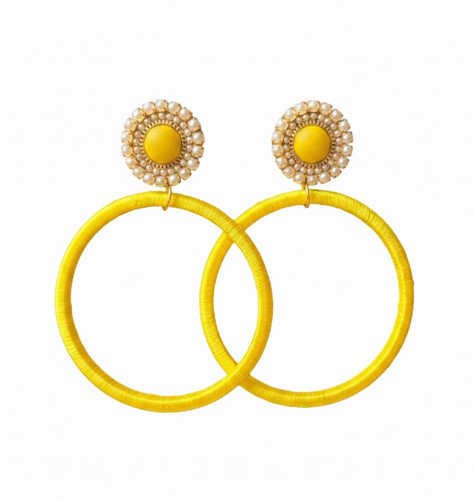 Soleil Muse silk hoop earrings, yellow silk with gold and pearl detail, lightweight statement jewelry by Dana Kelly