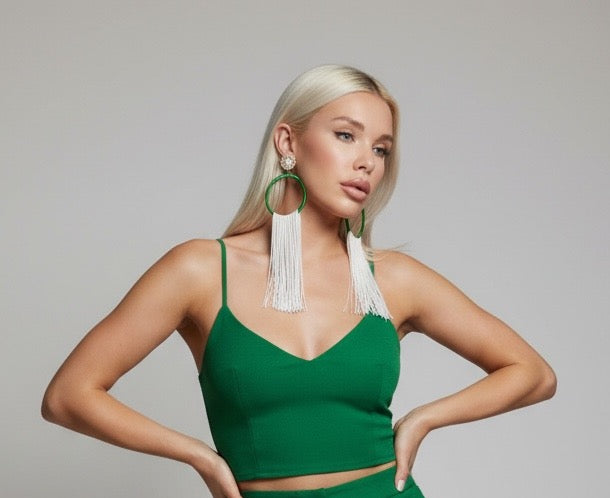 Wild Muse lightweight fringe earrings, green silk hoop with white fringe and pearl detail, handmade by Dana Kelly