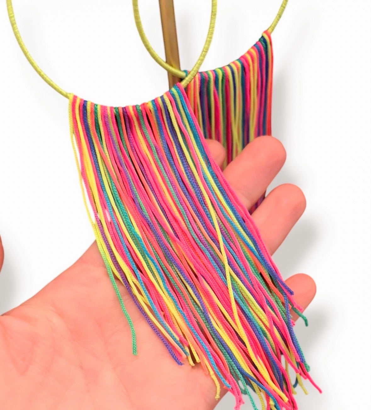 Neon Muse lightweight fringe earrings, neon yellow and green silk hoop, V-shape fringe, handmade by Dana Kelly