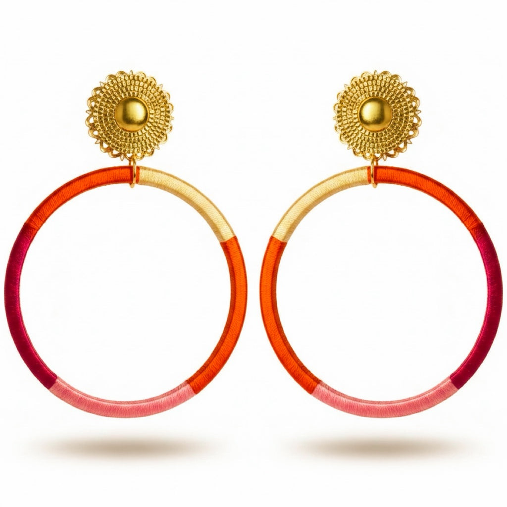 Sunkissed Muse silk hoop earrings, orange pink magenta cream silk, lightweight statement jewelry by Dana Kelly