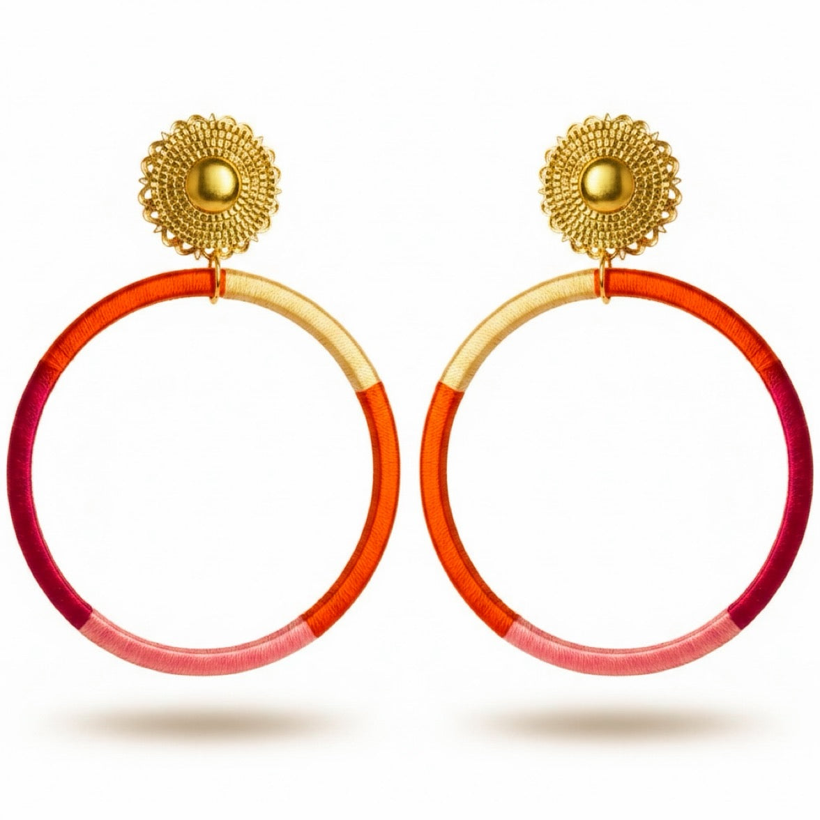 Sunkissed Muse silk hoop earrings, orange pink magenta cream silk, lightweight statement jewelry by Dana Kelly