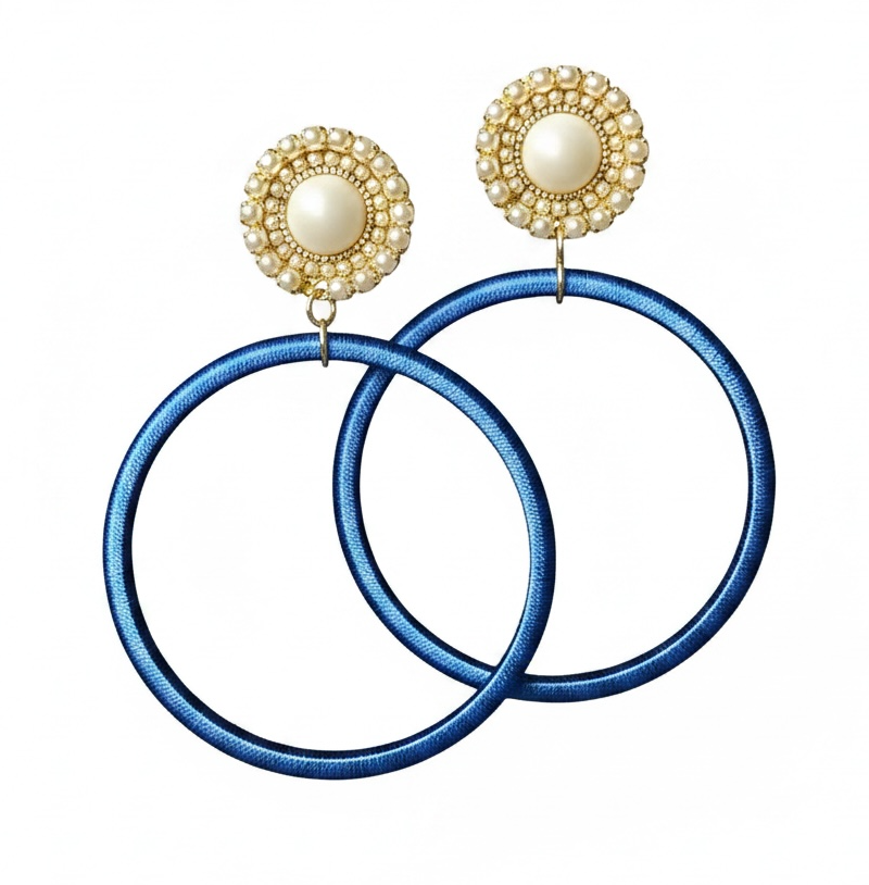 Royal Muse silk hoop earrings, blue silk with gold and pearl detail, lightweight statement jewelry by Dana Kelly