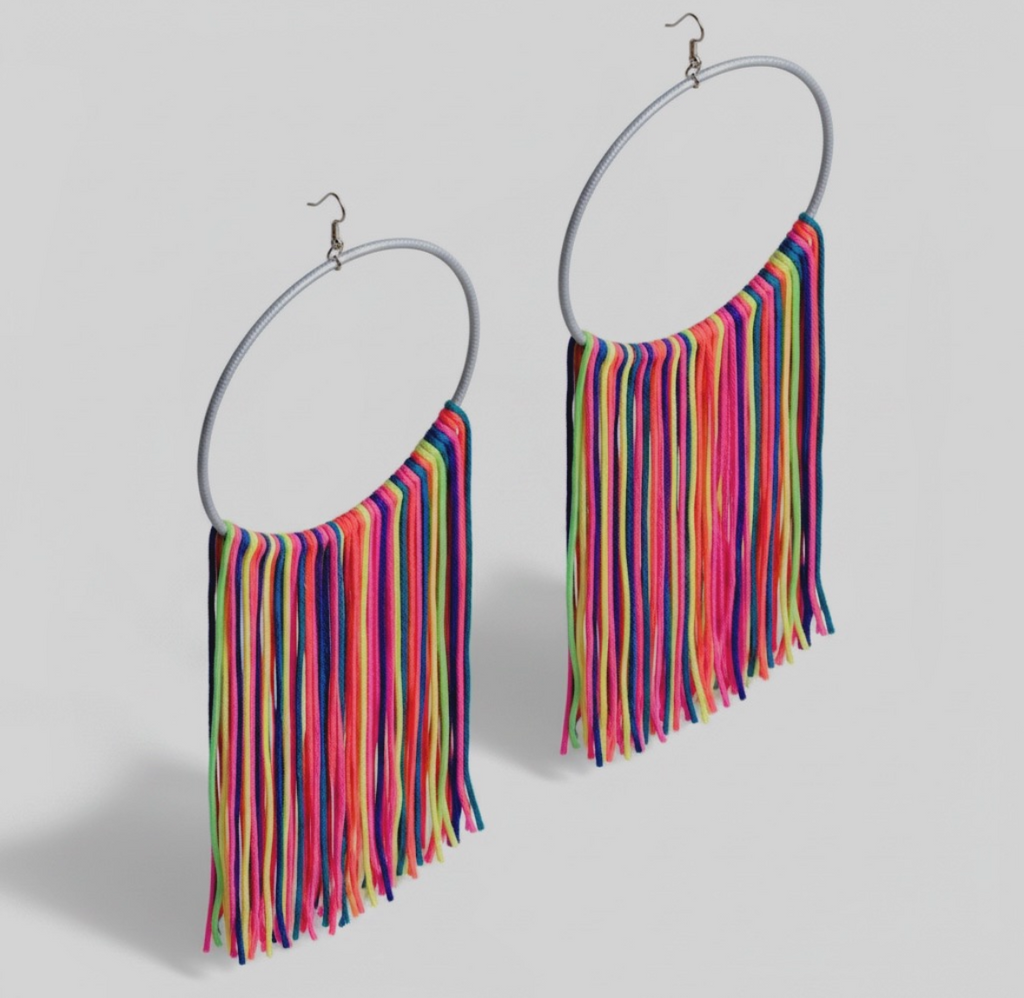 Vivid Muse lightweight fringe earrings, multicolor rainbow silk hoop, handmade statement jewelry by Dana Kelly