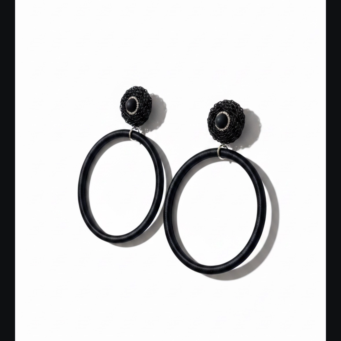 Noir Muse silk hoop earrings, black silk with chain detail, lightweight statement jewelry by Dana Kelly