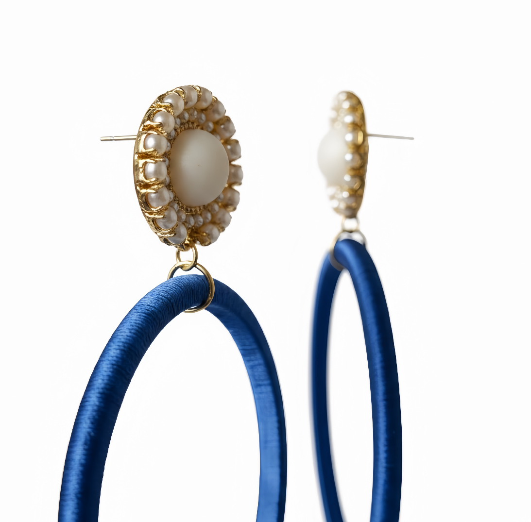 Royal Muse silk hoop earrings, blue silk with gold and pearl detail, lightweight statement jewelry by Dana Kelly
