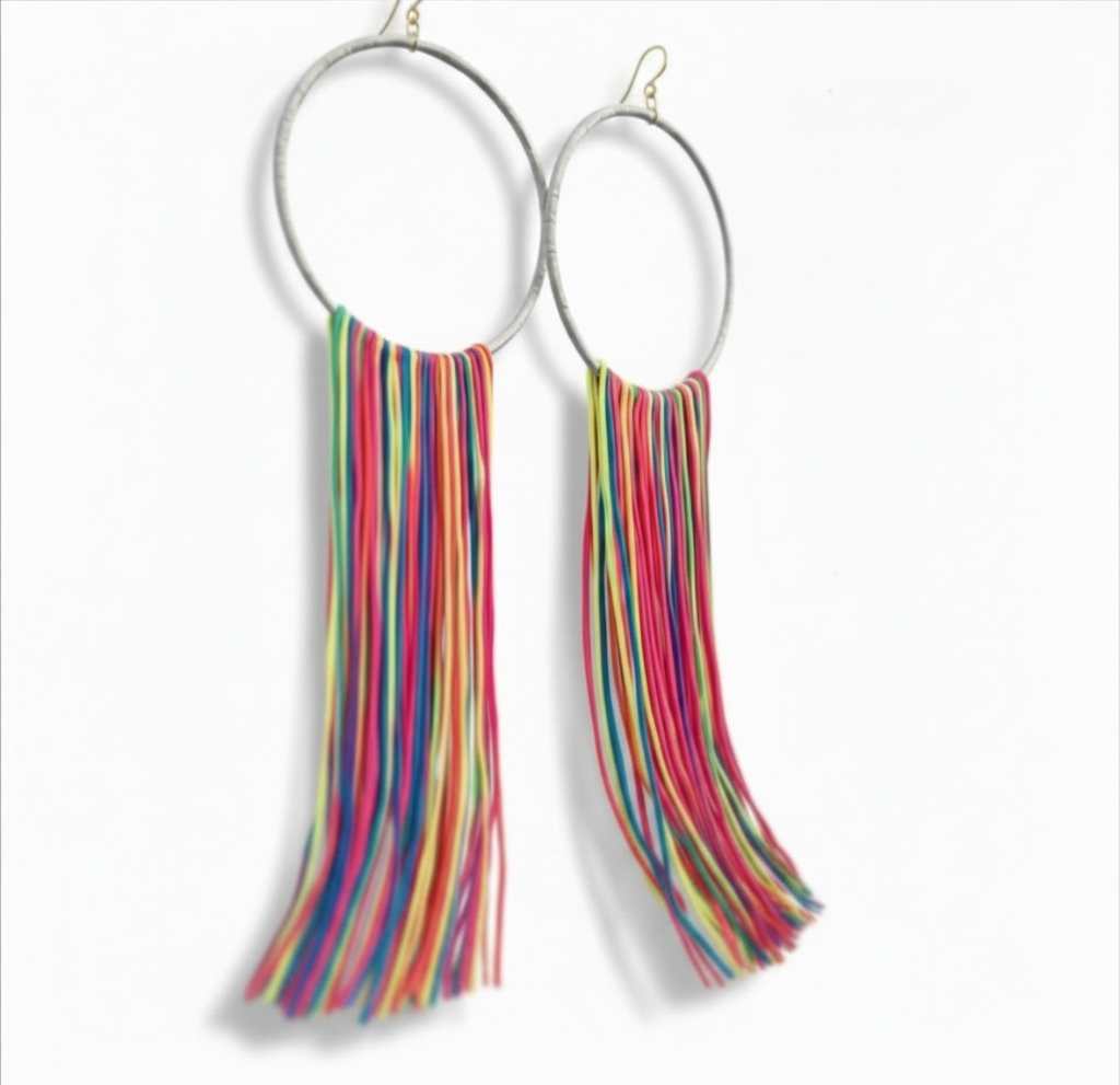 Vivid Muse, lightweight statement earrings, extra long fringe, neon yellow green and pink, big hoops, waterfall tassels, maximalist jewelry, handmade by Dana Kelly