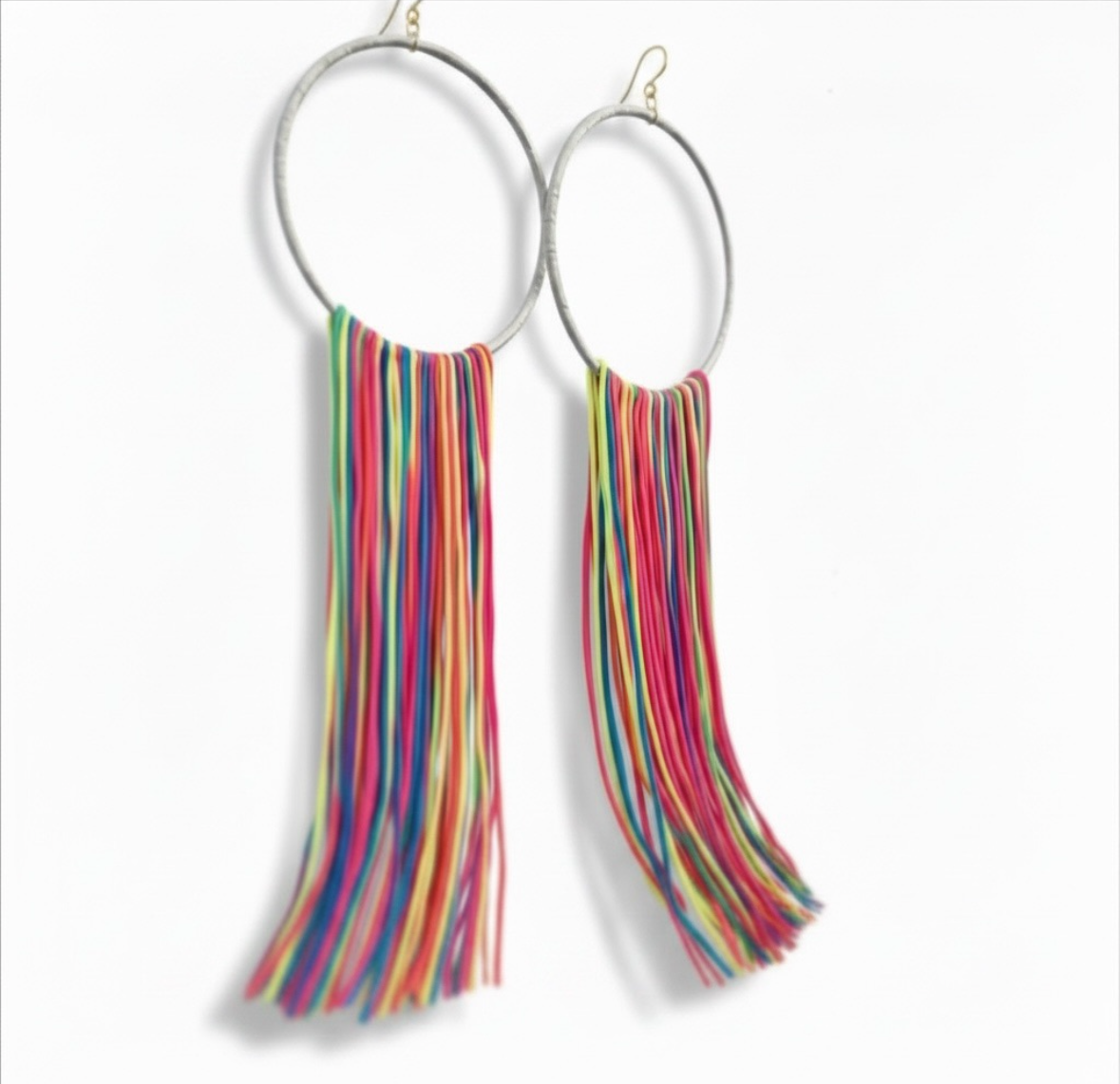 Vivid Muse, lightweight statement earrings, extra long fringe, neon yellow green and pink, big hoops, waterfall tassels, maximalist jewelry, handmade by Dana Kelly