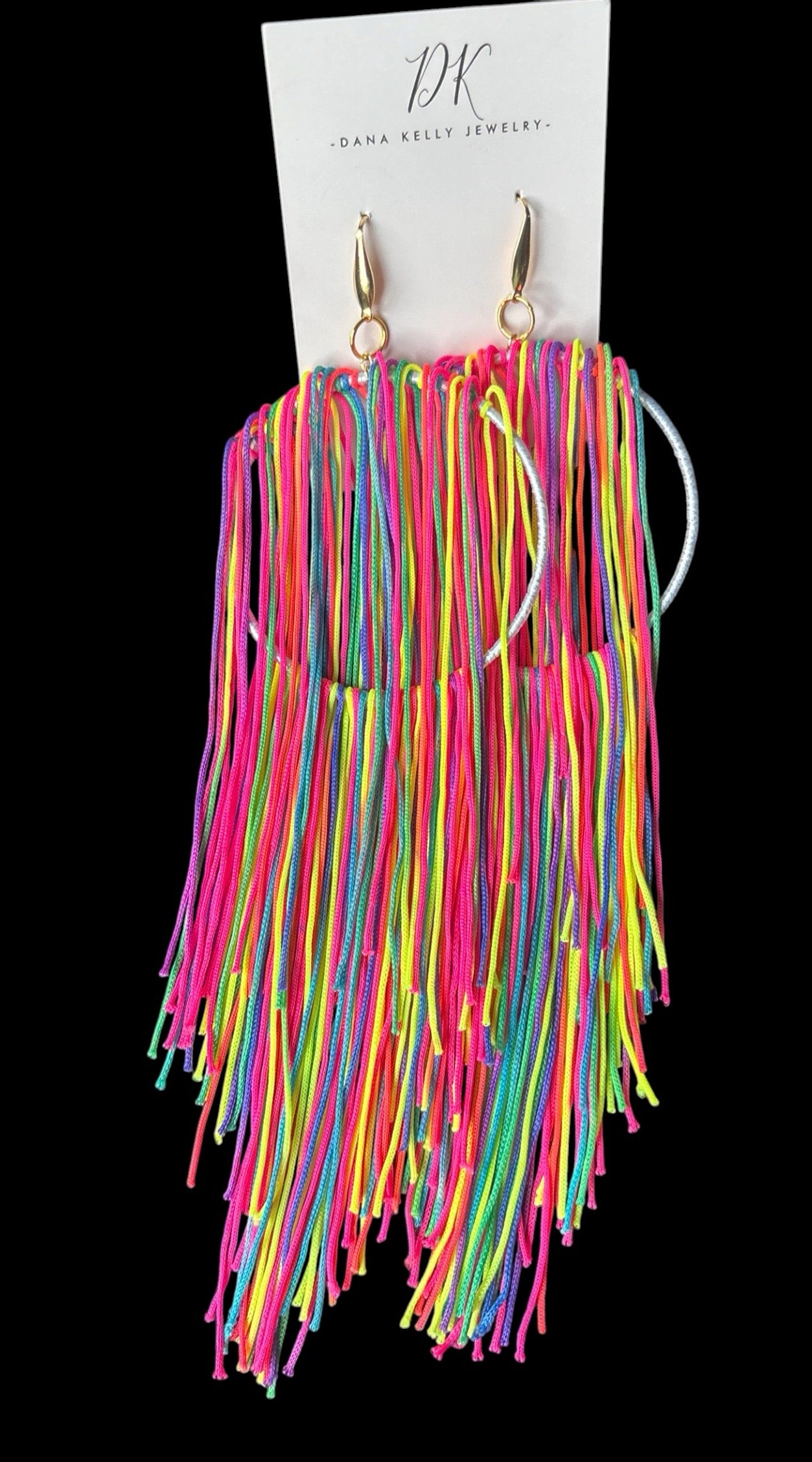Electric Muse lightweight fringe earrings, white silk hoop with neon multicolor fringe, handmade by Dana Kelly