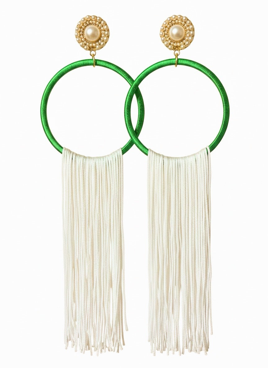 Wild Muse lightweight fringe earrings, green silk hoop with white fringe and pearl detail, handmade by Dana Kelly