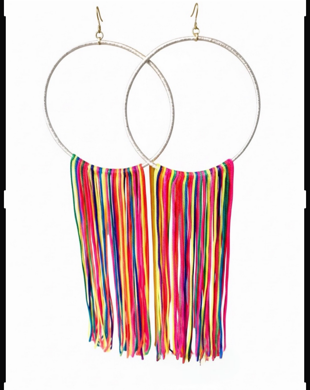 Vivid Muse lightweight fringe earrings, multicolor rainbow silk hoop, handmade statement jewelry by Dana Kelly