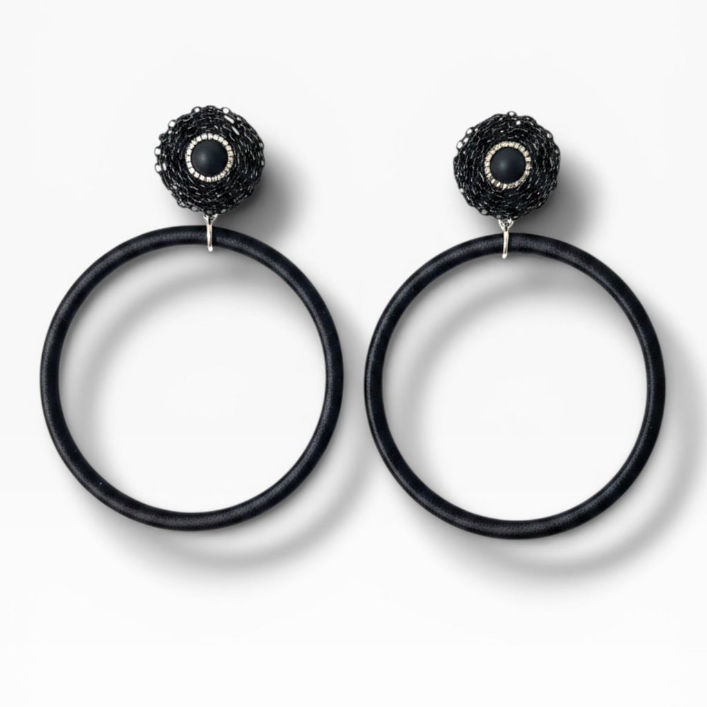 Noir Muse silk hoop earrings, black silk with chain detail, lightweight statement jewelry by Dana Kelly