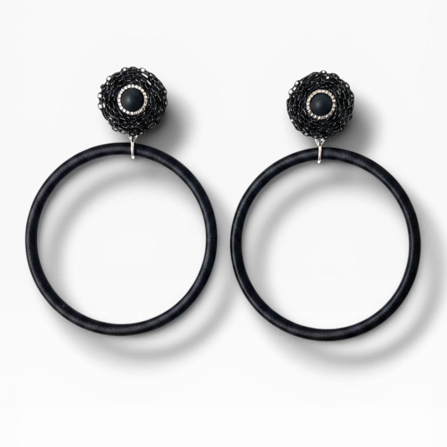 Noir Muse silk hoop earrings, black silk with chain detail, lightweight statement jewelry by Dana Kelly