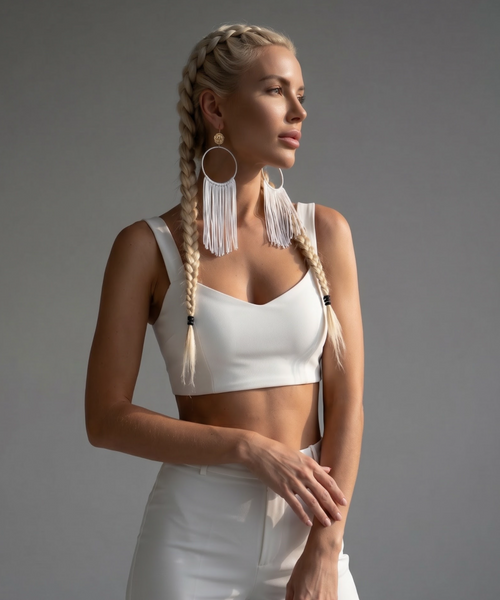 Blanca Muse lightweight fringe earrings, white silk hoop, ultra feminine statement jewelry by Dana Kelly