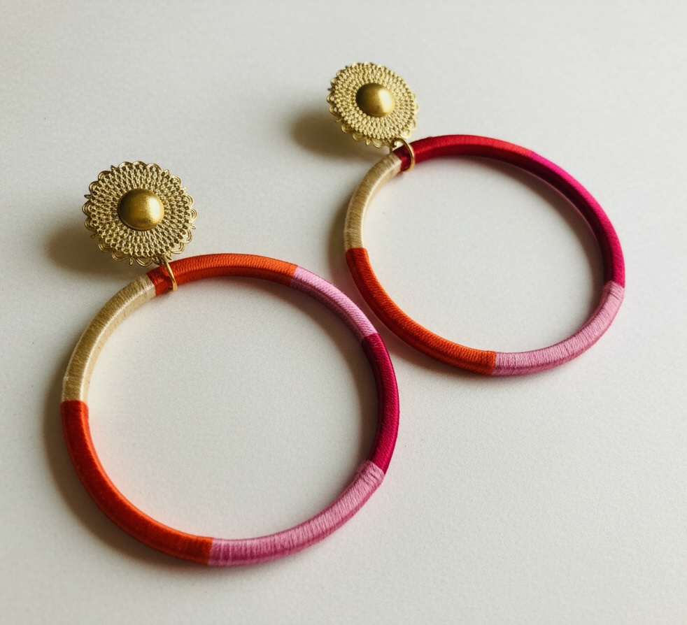 Sunkissed Muse silk hoop earrings, orange pink magenta cream silk, lightweight statement jewelry by Dana Kelly