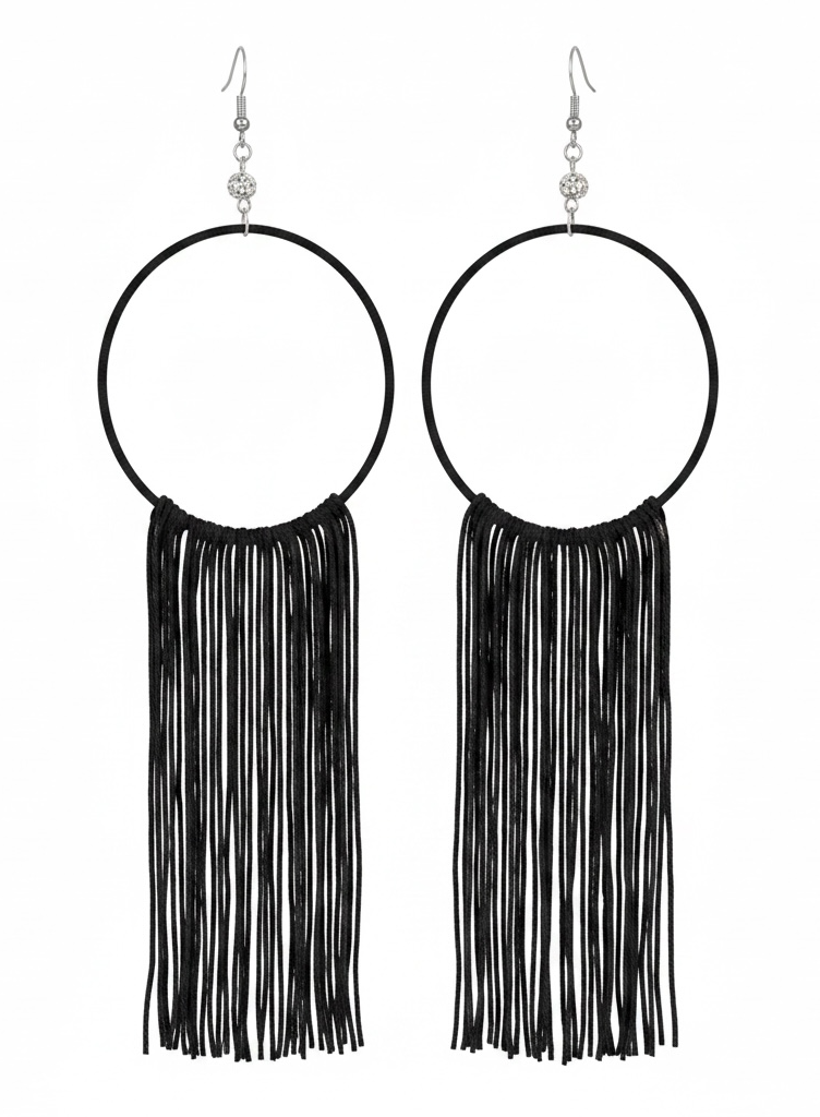 Midnight Muse lightweight fringe earrings, black silk hoop, silver french wire, handmade by Dana Kelly
