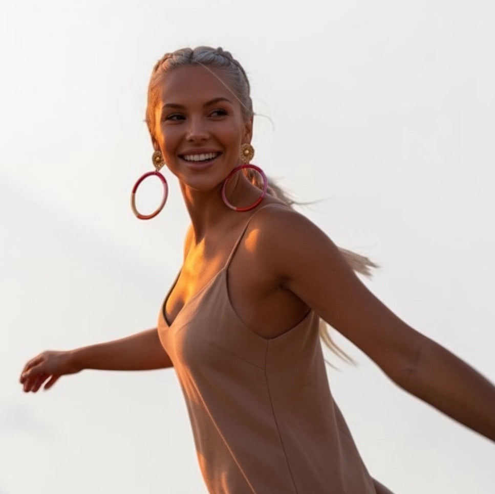 Sunkissed Muse silk hoop earrings, orange pink magenta cream silk, lightweight statement jewelry by Dana Kelly