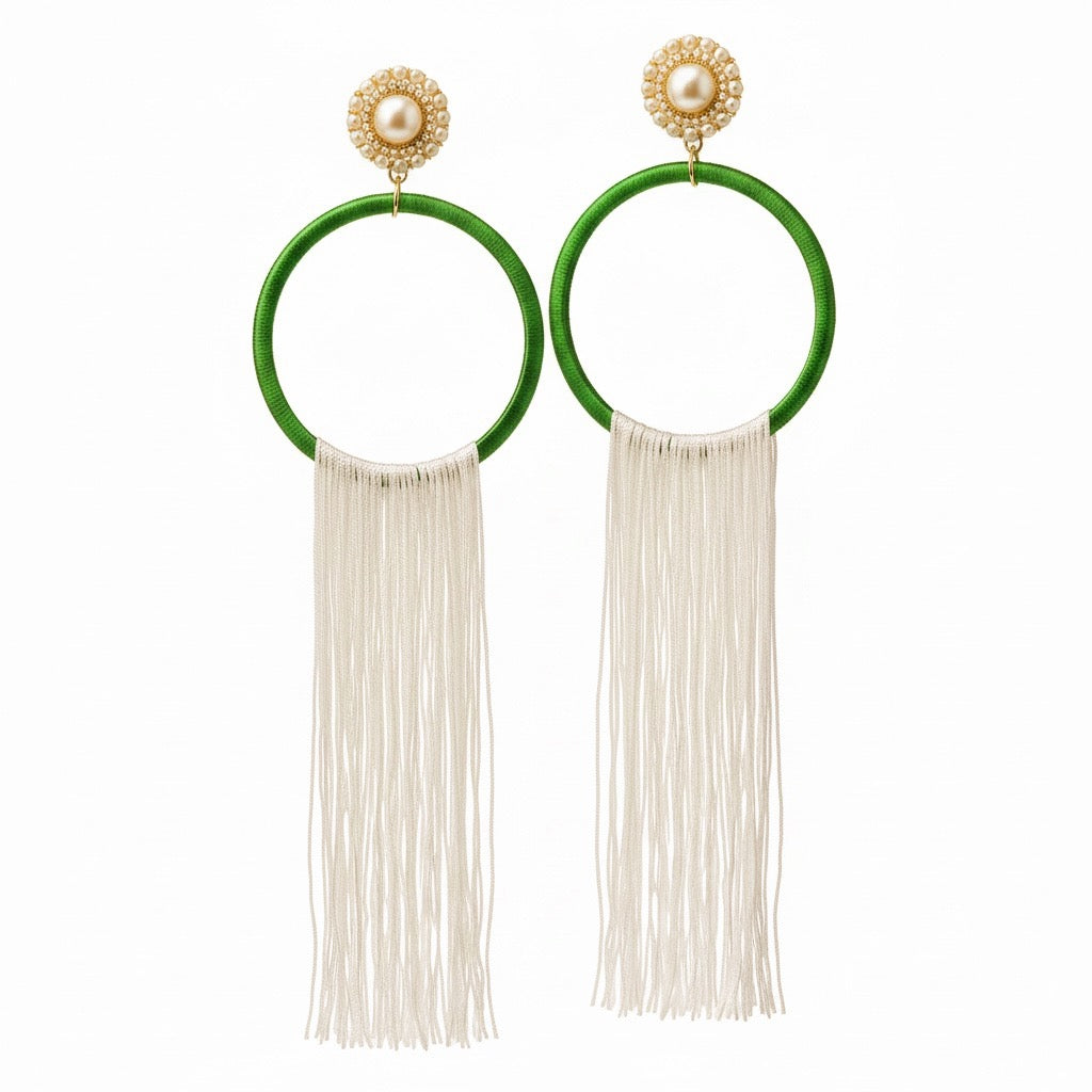 Wild Muse lightweight fringe earrings, green silk hoop with white fringe and pearl detail, handmade by Dana Kelly
