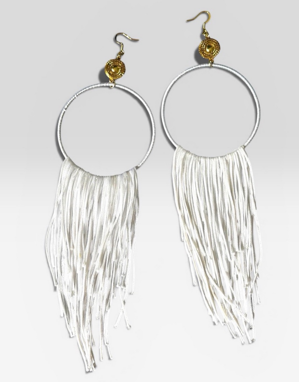 Blanca Muse lightweight fringe earrings, white silk hoop, ultra feminine statement jewelry by Dana Kelly