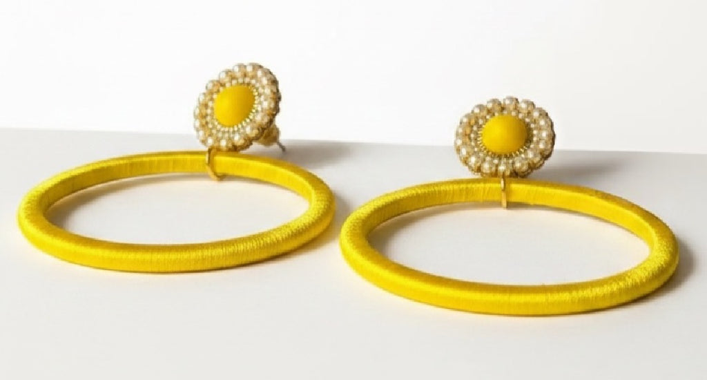 Soleil Muse silk hoop earrings, yellow silk with gold and pearl detail, lightweight statement jewelry by Dana Kelly