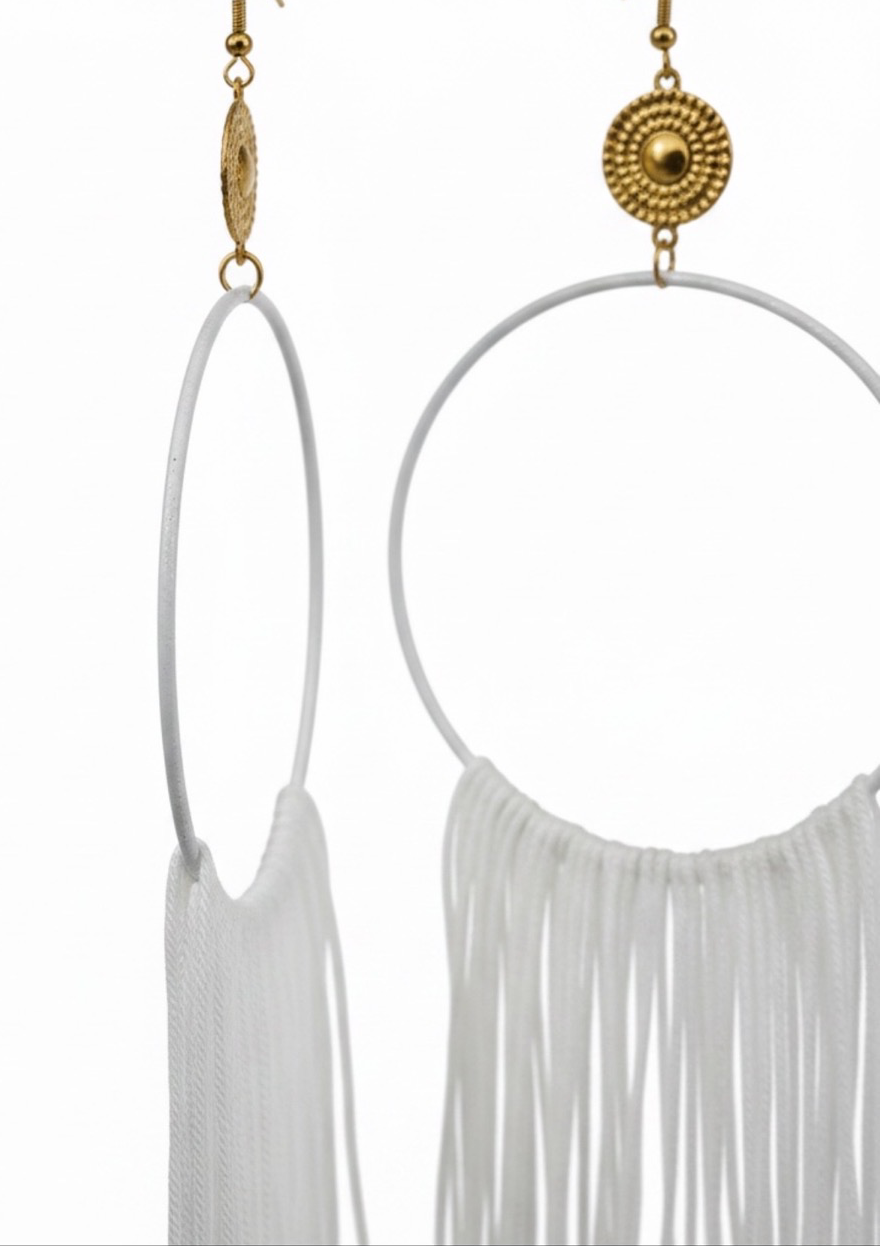 Blanca Muse lightweight fringe earrings, white silk hoop, ultra feminine statement jewelry by Dana Kelly