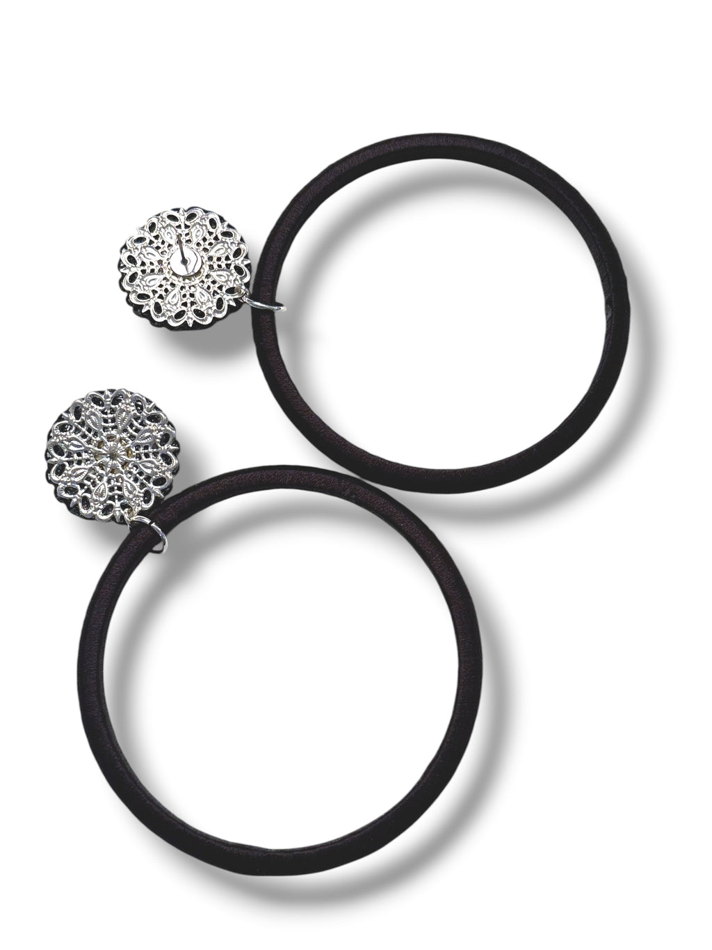 Noir Muse silk hoop earrings, black silk with chain detail, lightweight statement jewelry by Dana Kelly