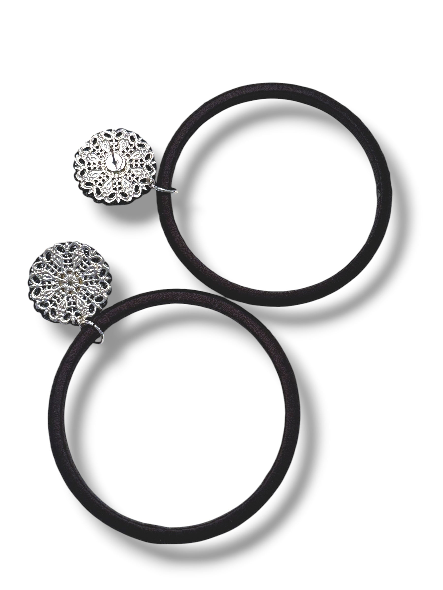 Noir Muse silk hoop earrings, black silk with chain detail, lightweight statement jewelry by Dana Kelly