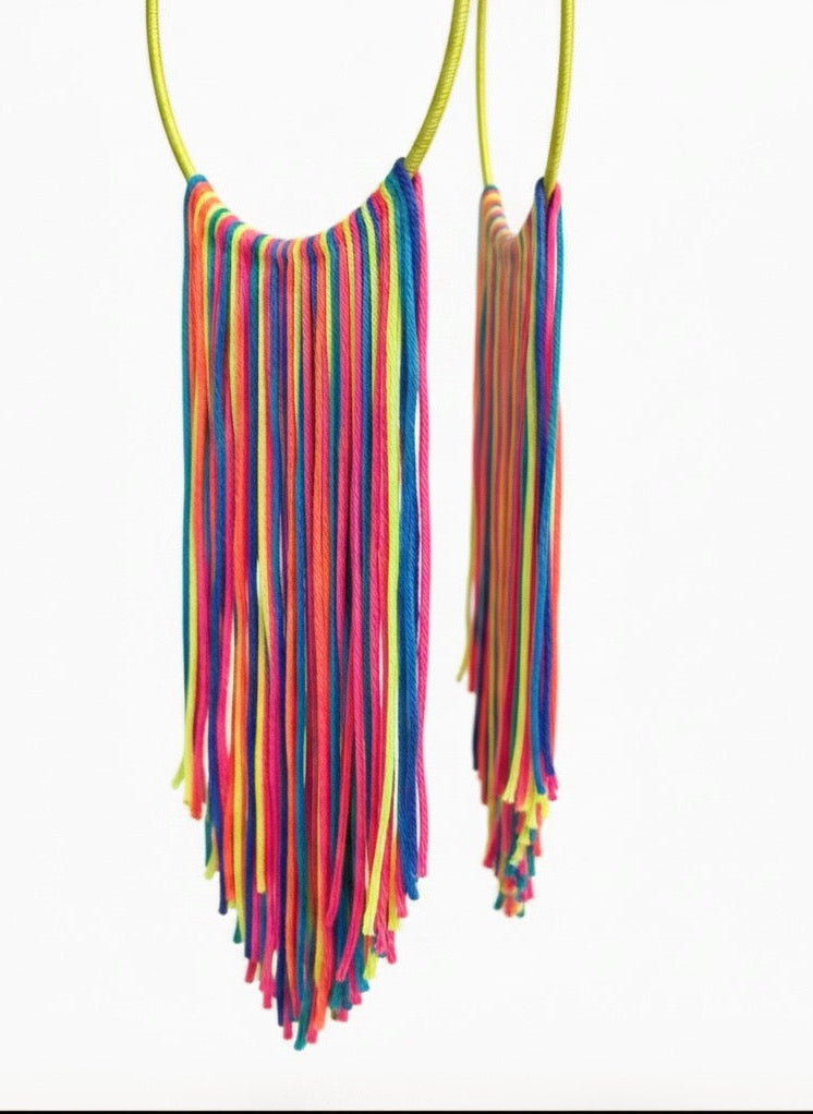 Neon Muse lightweight fringe earrings, neon yellow and green silk hoop, V-shape fringe, handmade by Dana Kelly