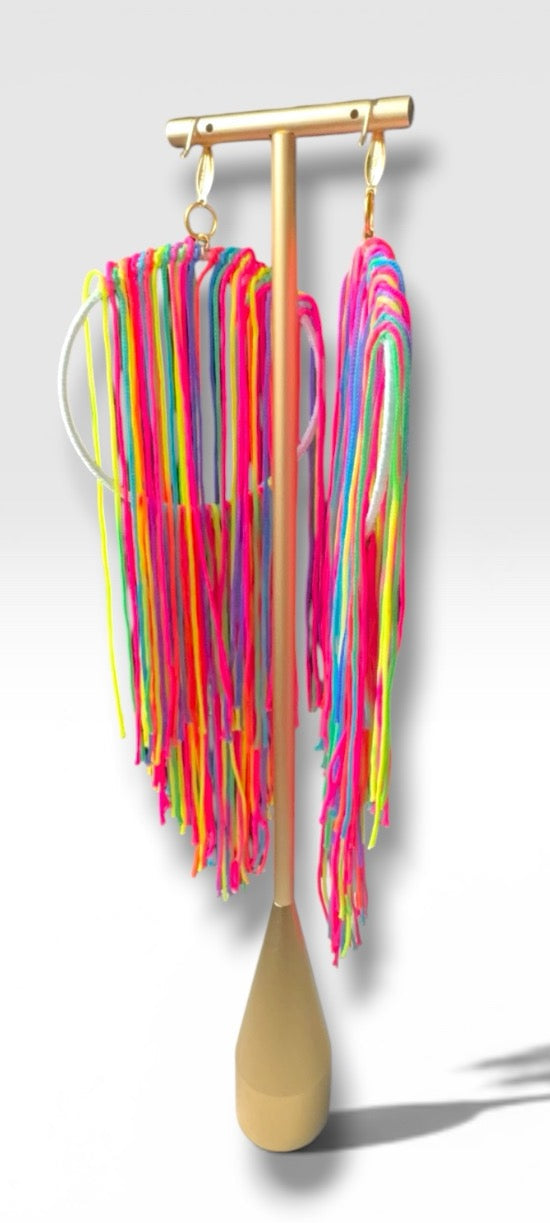 Electric Muse lightweight fringe earrings, white silk hoop with neon multicolor fringe, handmade by Dana Kelly