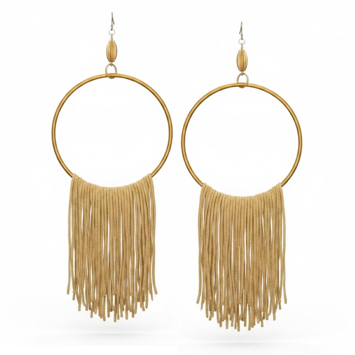 Golden Muse lightweight fringe earrings, gold silk wrapped hoop, handmade statement jewelry by Dana Kelly