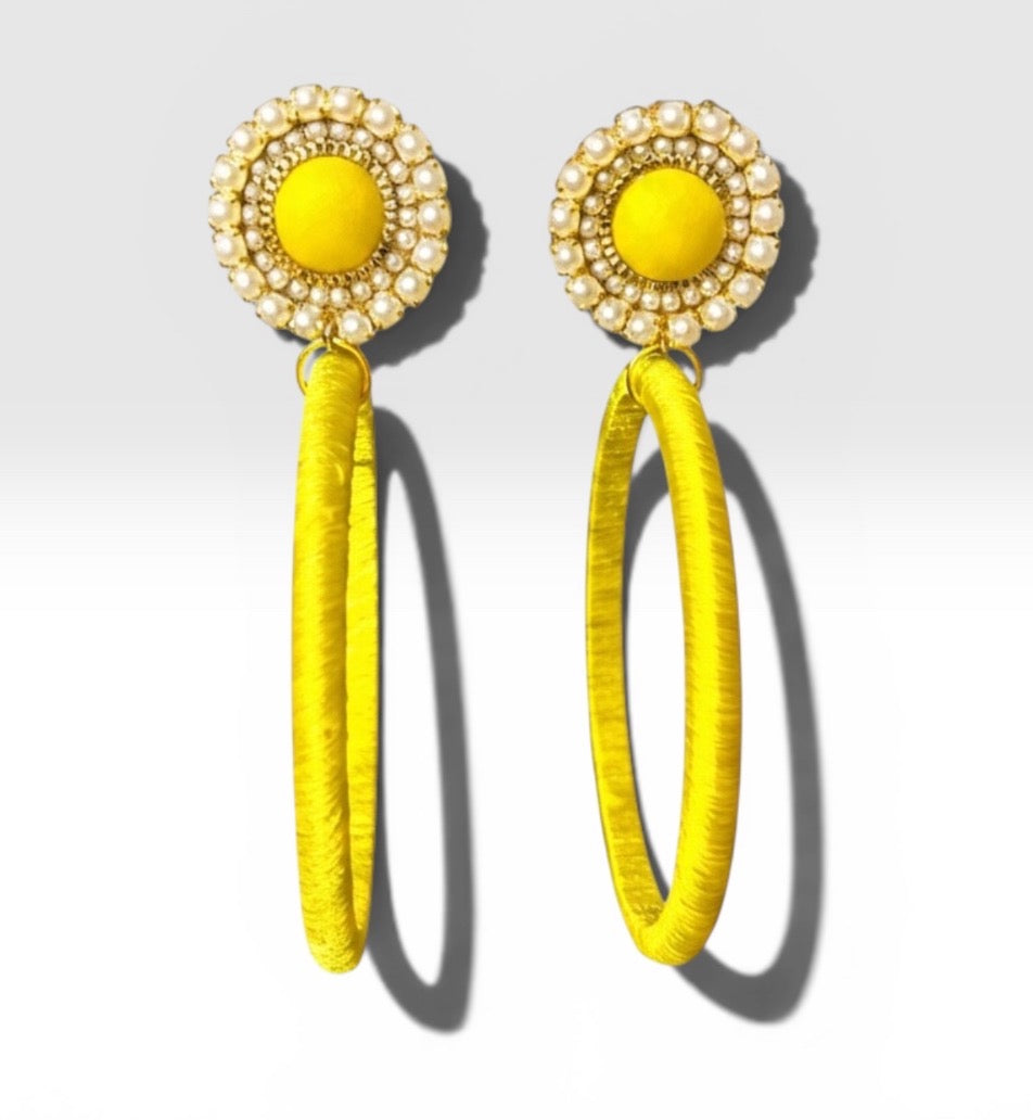 Soleil Muse silk hoop earrings, yellow silk with gold and pearl detail, lightweight statement jewelry by Dana Kelly