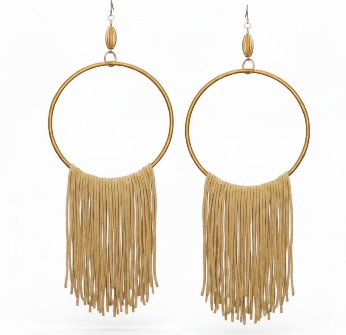 Golden Muse lightweight fringe earrings, gold silk wrapped hoop, handmade statement jewelry by Dana Kelly