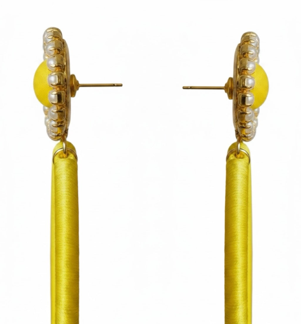 Soleil Muse silk hoop earrings, yellow silk with gold and pearl detail, lightweight statement jewelry by Dana Kelly