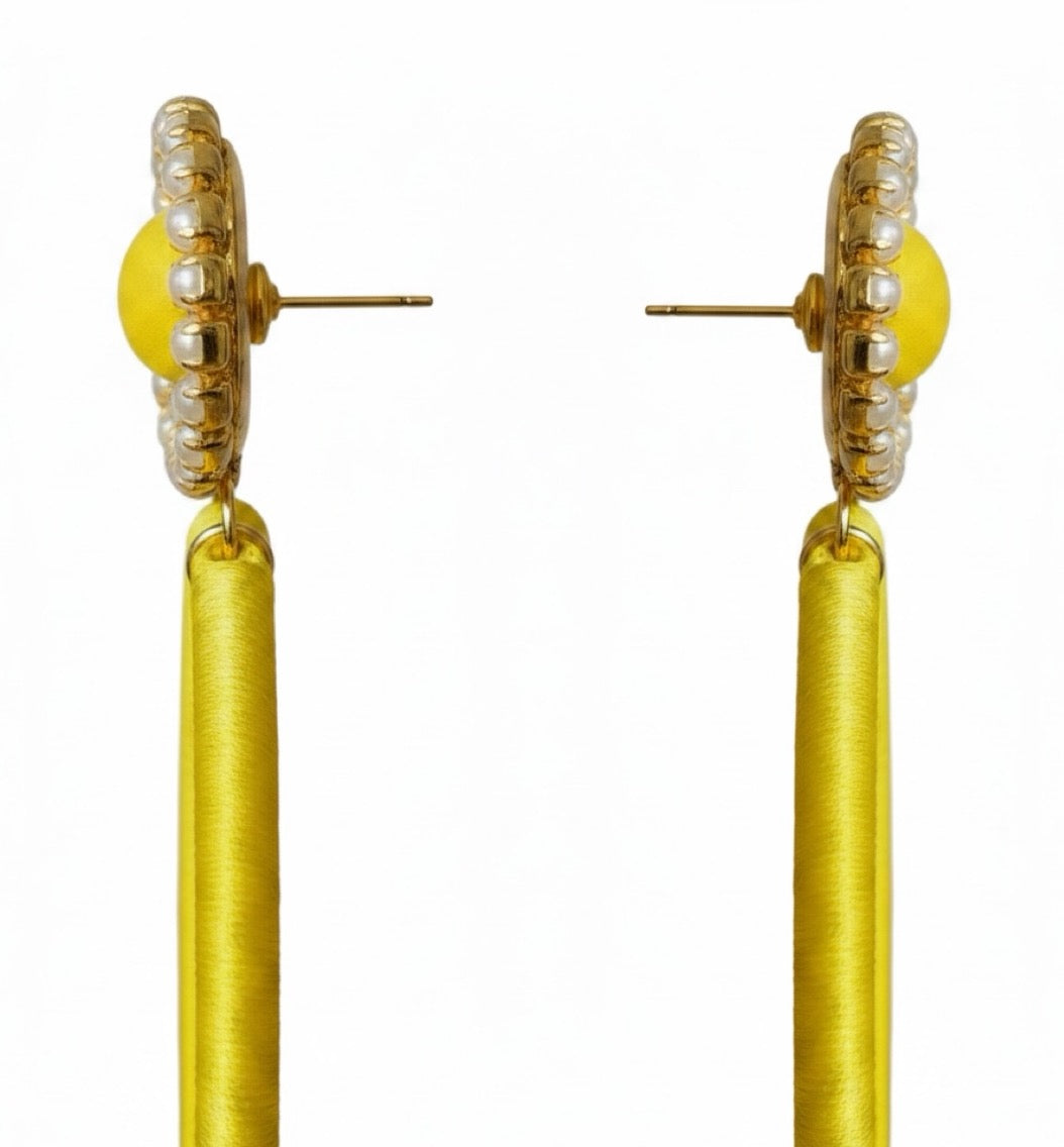 Soleil Muse silk hoop earrings, yellow silk with gold and pearl detail, lightweight statement jewelry by Dana Kelly