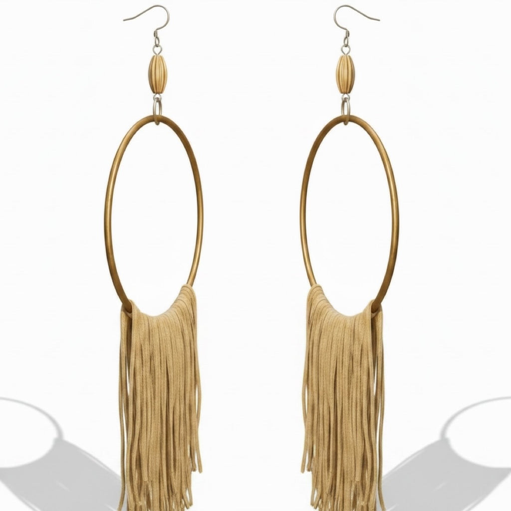 Golden Muse lightweight fringe earrings, gold silk wrapped hoop, handmade statement jewelry by Dana Kelly