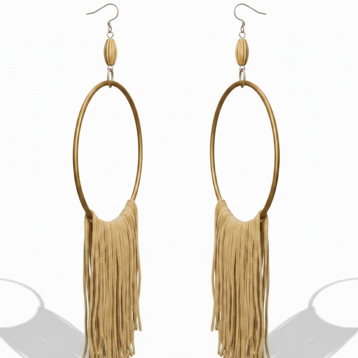 Golden Muse lightweight fringe earrings, gold silk wrapped hoop, handmade statement jewelry by Dana Kelly