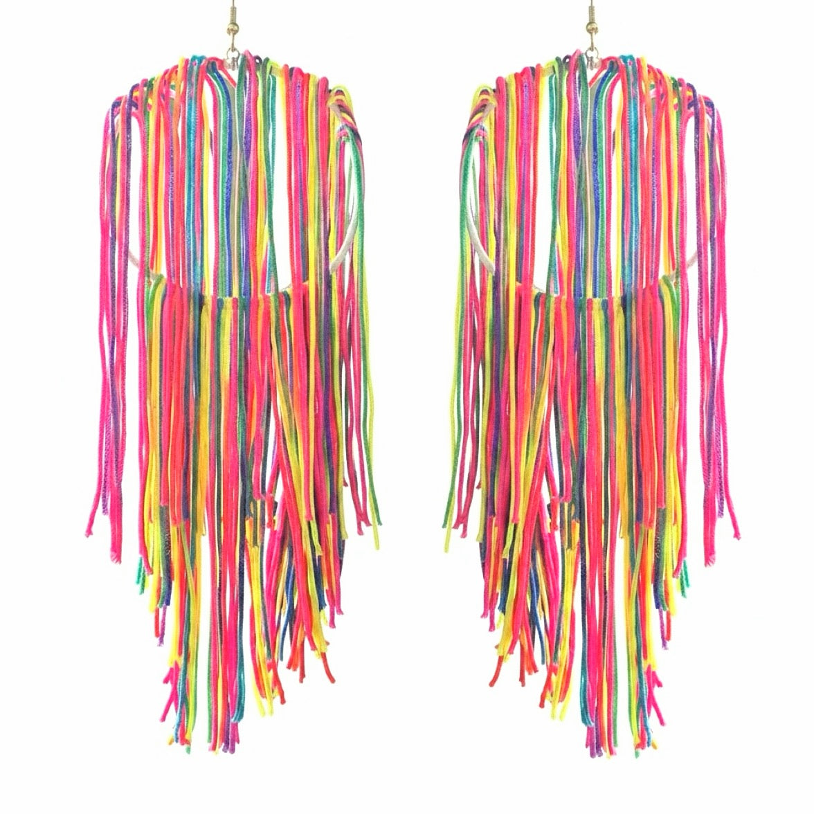 Electric Muse lightweight fringe earrings, white silk hoop with neon multicolor fringe, handmade by Dana Kelly