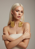 Golden Muse lightweight fringe earrings, gold silk wrapped hoop, handmade statement jewelry by Dana Kelly