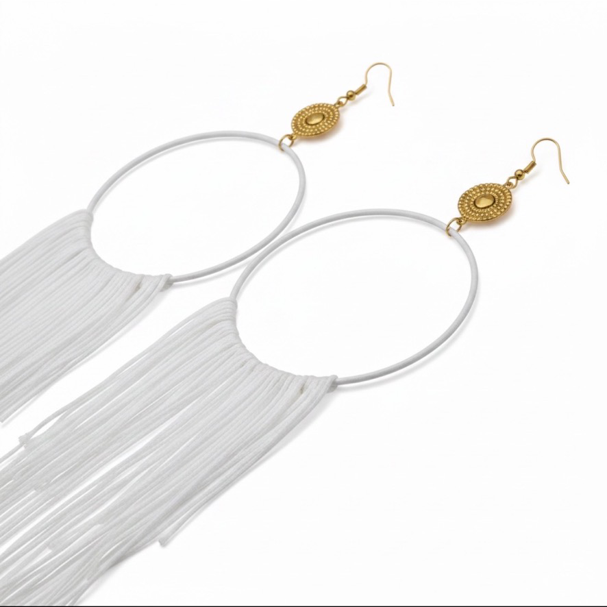 Blanca Muse lightweight fringe earrings, white silk hoop, ultra feminine statement jewelry by Dana Kelly